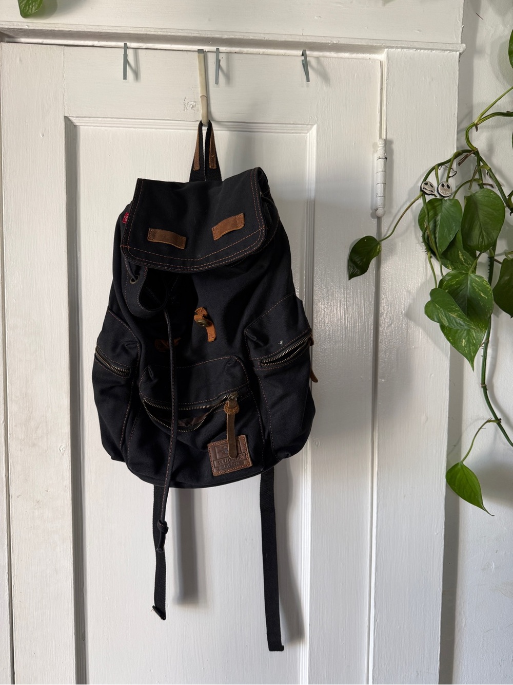 AUGUR JANS Black Canvas Backpack with Brown Trim - Casual Men’s Bag
